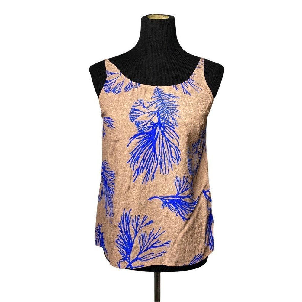 See U Soon Womens Tank Top Beige Blue Floral Scoop Neck Pullover S New